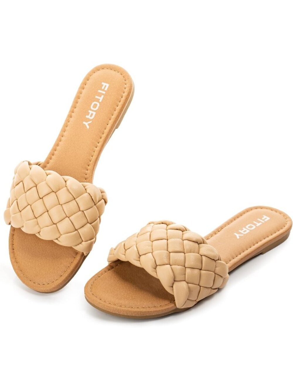 Women's Apricot Summer Flats Round Open Toe Braided Strap Slip On Dressy Sandals